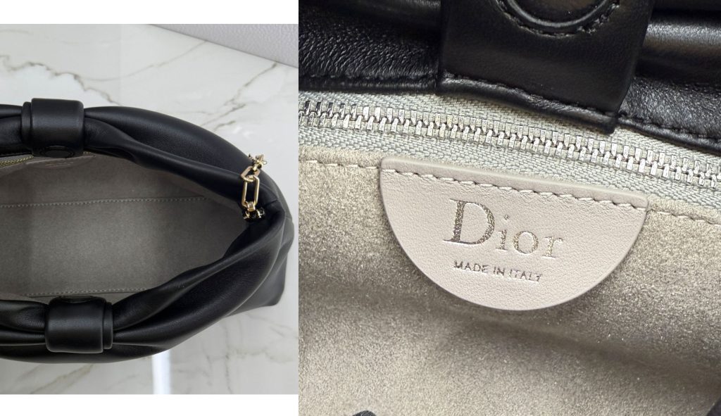 Medium size Replica Dior Bow Bag interior and exterior details — luxury black handbag with Dior branding