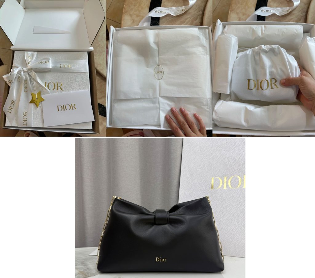 Unboxing the First Full 2026 SS Replica Dior Bow Bag — luxury black handbag with branded dust bag and gift packaging